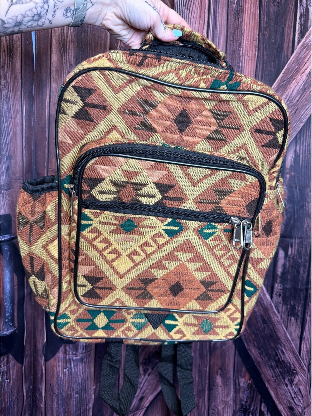 Patterned Woven Aztec Backpack with Front Pockets